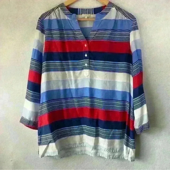 Talbots Women's Striped Button Up Long Sleeve Tunic L USA BBQ Beach Holiday - Picture 2 of 11
